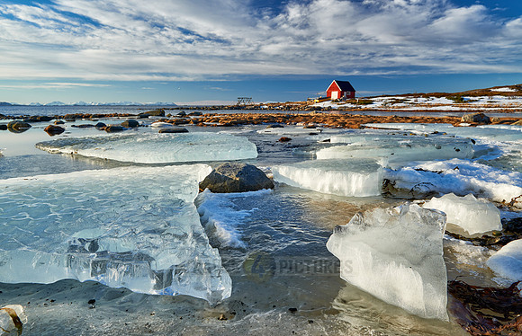 winter landscape with ice floes and typical red house