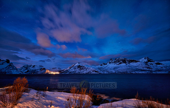 night shot ofwinter landscape in fjord of Husøy|