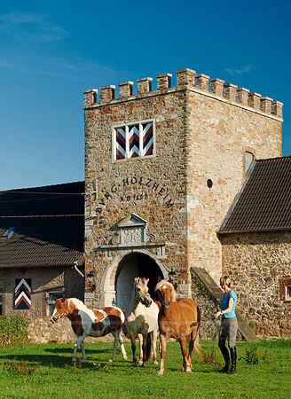 young lady with horses in front of Holzheim castle
