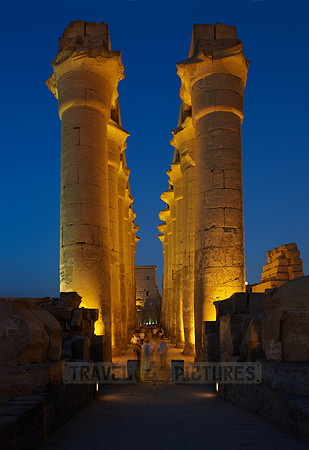 night shot of colonnade inside Temple of Luxor