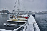 harbor and bridge in Tromsø during strong snow storm
