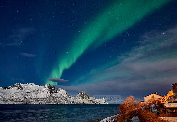 Aurora Borealis over winter landscape in fjord of Husøy