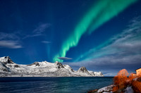 Aurora Borealis over winter landscape in fjord of Husøy
