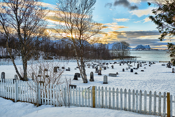 graveyard in winter landscape of Bergsfjorden