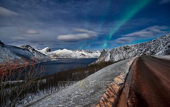 Aurora Borealis over winter landscape in fjord of Husøy