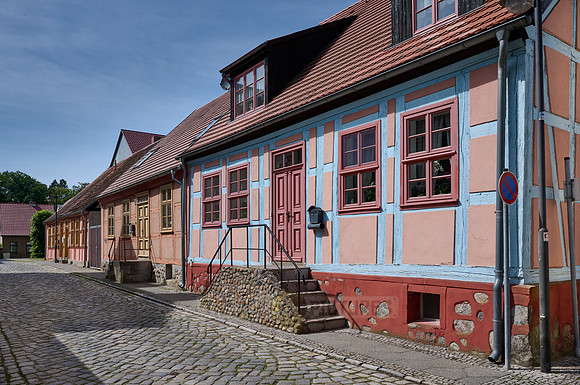 typical historic half-timbered houses in Fuerstenberg/Havel