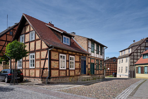 typical historic half-timbered houses in Fuerstenberg/Havel
