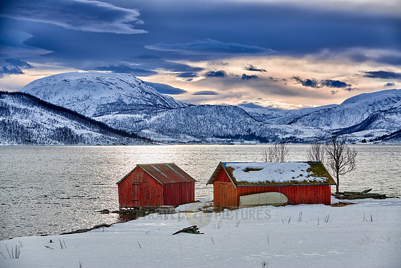 winter landscape with typical red house in Senja