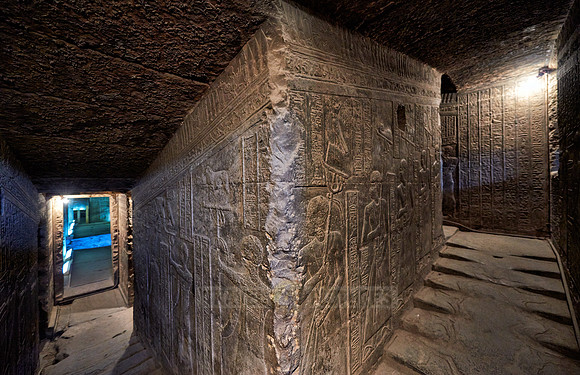 steps with stone carving reliefs inside Hathor temple