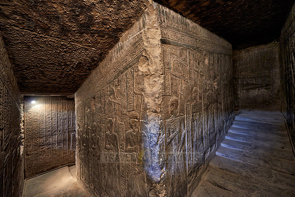 steps with stone carving reliefs inside Hathor temple