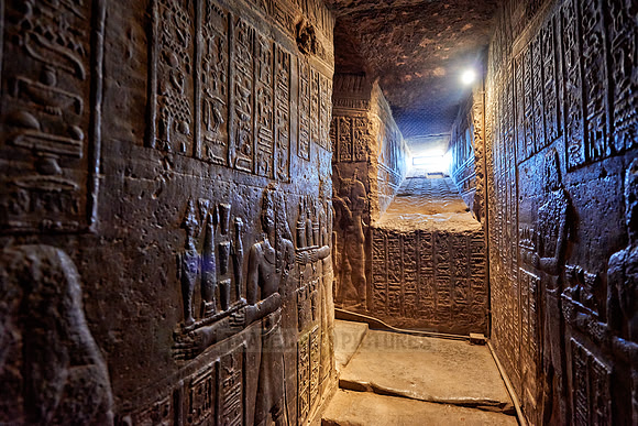 steps with stone carving reliefs inside Hathor temple