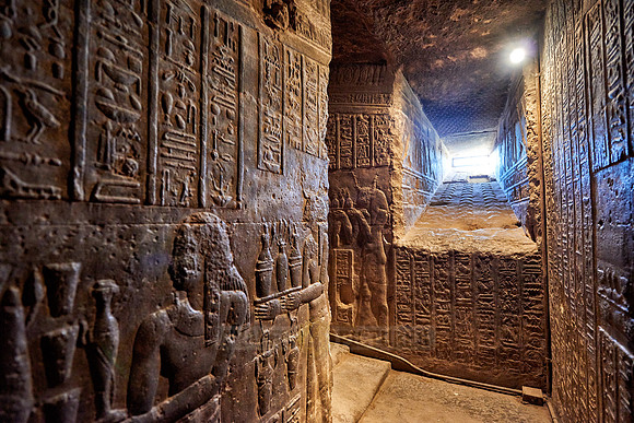 steps with stone carving reliefs inside Hathor temple