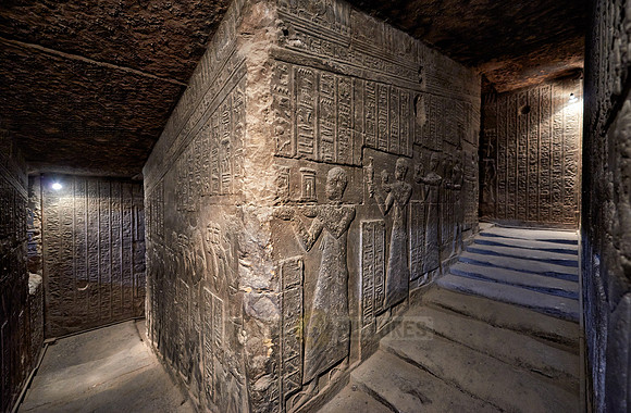 steps with stone carving reliefs inside Hathor temple