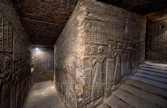 steps with stone carving reliefs inside Hathor temple