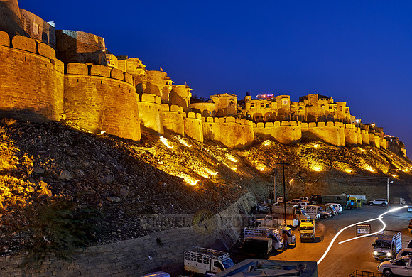 night shot of illuminated city wal of Jaisalmer