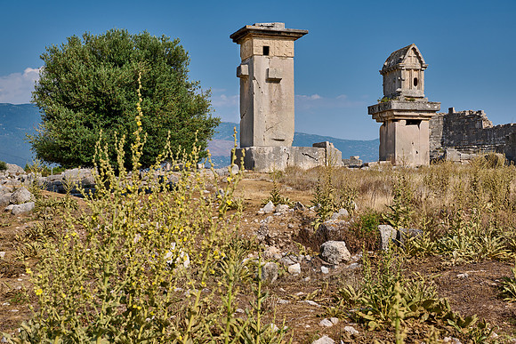 Sarcophagus and Harpy Pillar in ruins of ancient city Xanthos