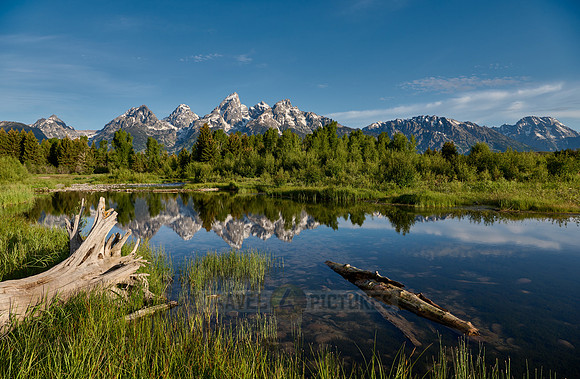 Grand Teton Range with reflection in river at Schwabacher Landing