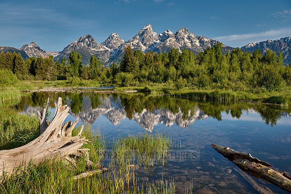 Grand Teton Range with reflection in river at Schwabacher Landing