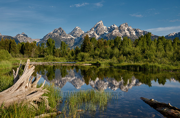 Grand Teton Range with reflection in river at Schwabacher Landing