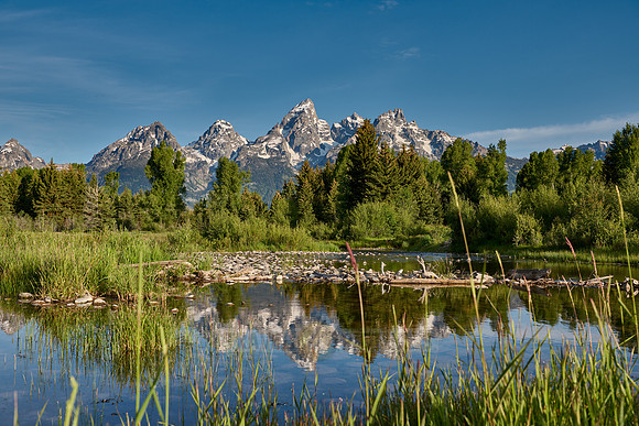 Grand Teton Range with reflection in river at Schwabacher Landing