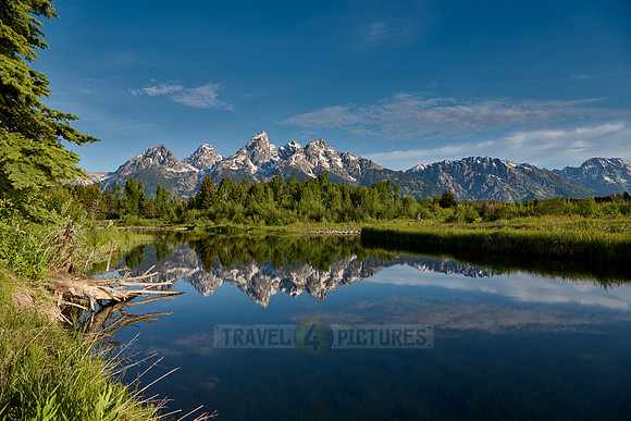 Grand Teton Range with reflection in river at Schwabacher Landing