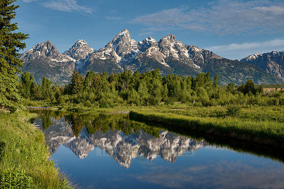 Grand Teton Range with reflection in river at Schwabacher Landing