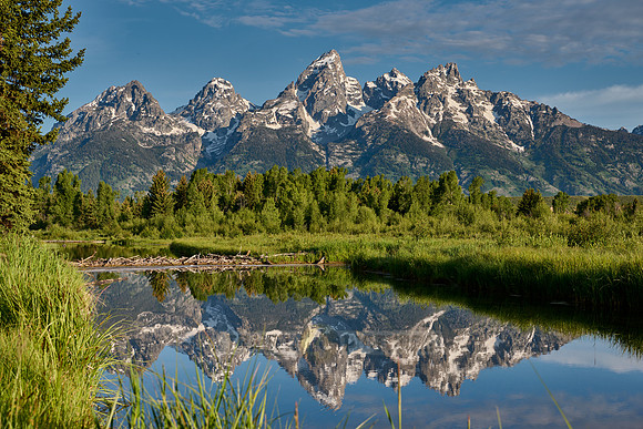 Grand Teton Range with reflection in river at Schwabacher Landing