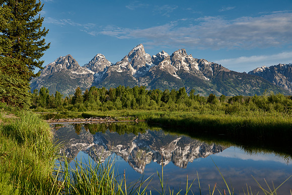 Grand Teton Range with reflection in river at Schwabacher Landing
