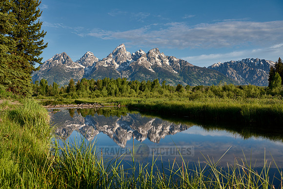 Grand Teton Range with reflection in river at Schwabacher Landing