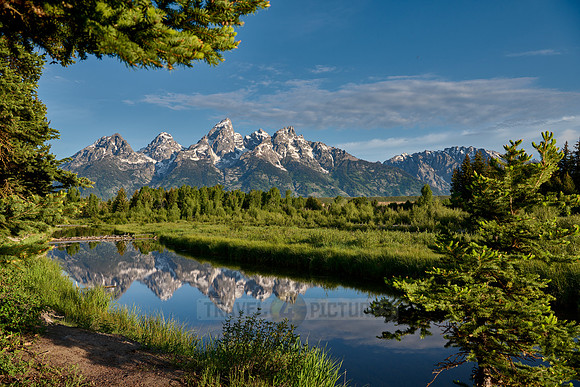 Grand Teton Range with reflection in river at Schwabacher Landing