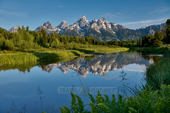 Grand Teton Range with reflection in river at Schwabacher Landing