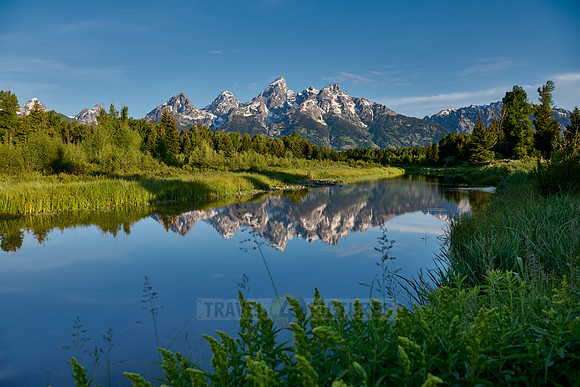 Grand Teton Range with reflection in river at Schwabacher Landing