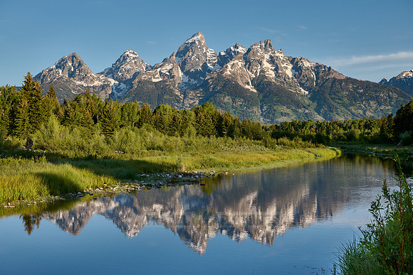 Grand Teton Range with reflection in river at Schwabacher Landing