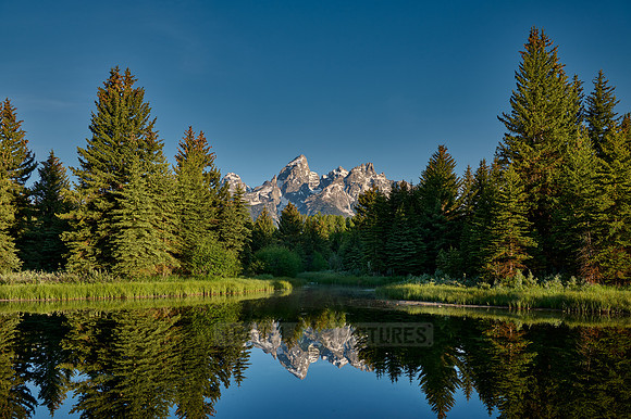 Grand Teton Range with reflection in river at Schwabacher Landing