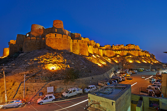 night shot of illuminated city wal of Jaisalmer