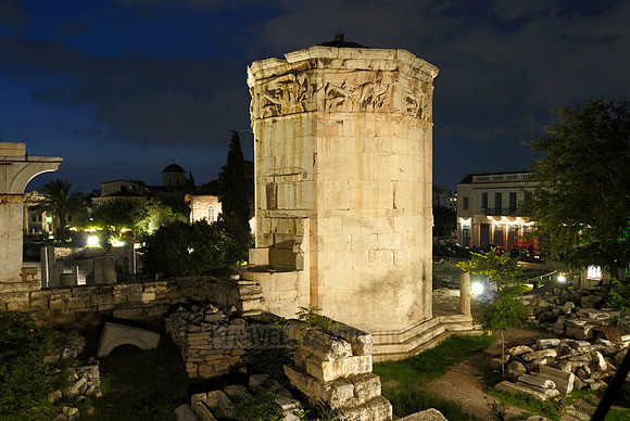 night shot of illuminated Tower of the Winds or the Horologion of Andronikos Kyrrhestes