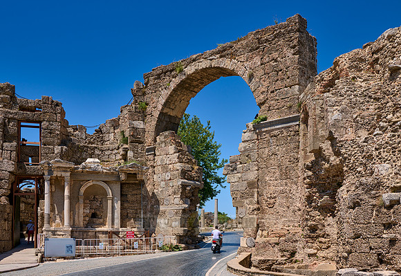 The Arch of the Inner Gate with Vespasian Fountain in ruins of the Roman city of Side