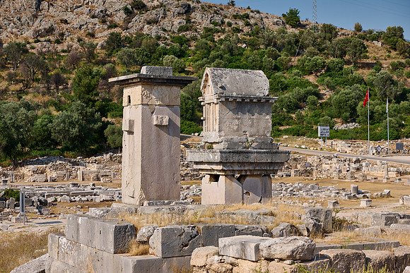 Sarcophagus and Harpy Pillar in ruins of ancient city Xanthos