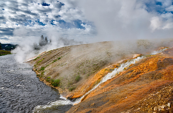 hot spring water flows into Firehole River, Midway Geyser Basin