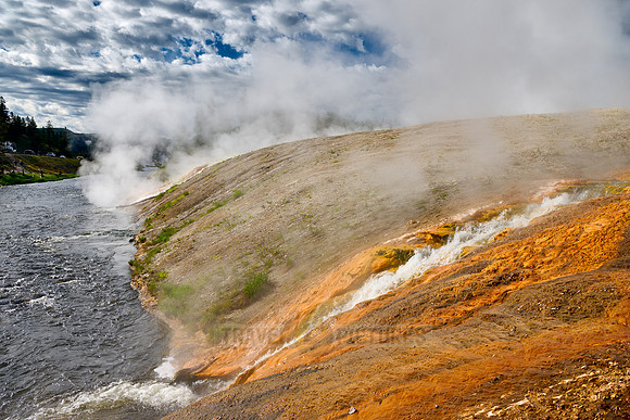 hot spring water flows into Firehole River, Midway Geyser Basin