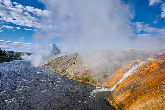 hot spring water flows into Firehole River, Midway Geyser Basin