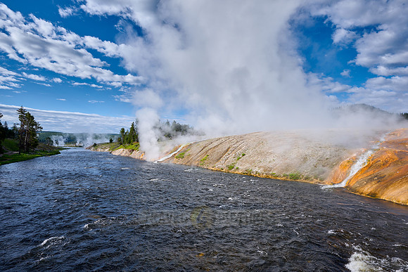 hot spring water flows into Firehole River, Midway Geyser Basin