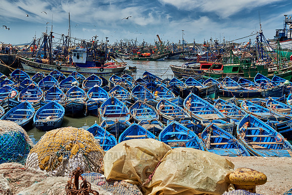 fishing nets and boats in harbor of Essaouira