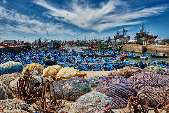 fishing nets and boats in harbor of Essaouira