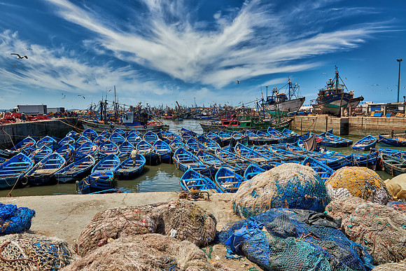 fishing nets and boats in harbor of Essaouira