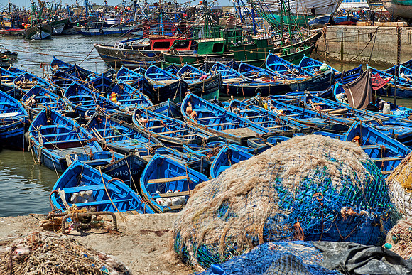 fishing nets and boats in harbor of Essaouira