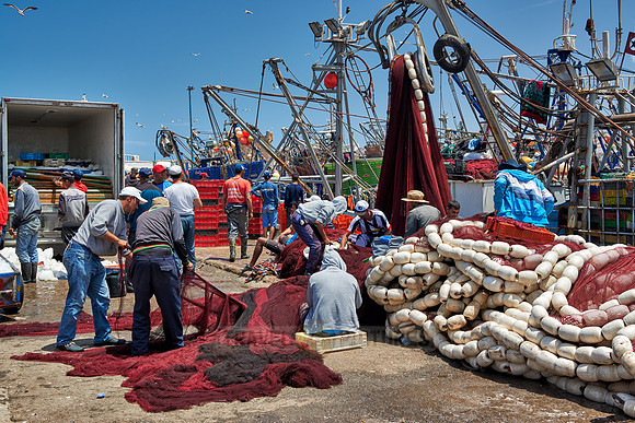 fishing nets and boats in harbor of Essaouira