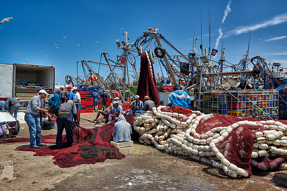 fishing nets and boats in harbor of Essaouira