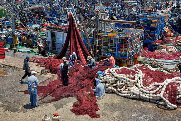 fishing nets and boats in harbor of Essaouira
