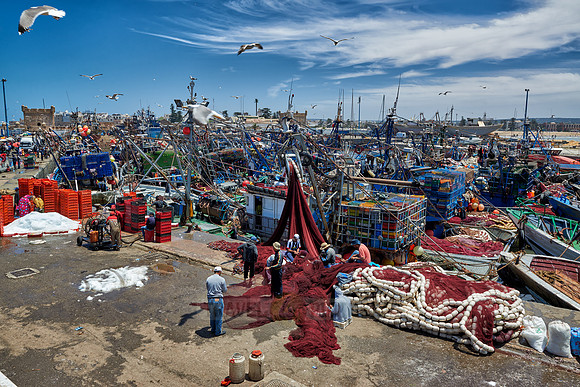 fishing nets and boats in harbor of Essaouira